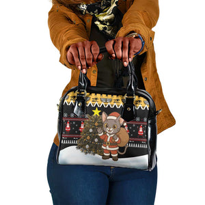 Egypt Christmas Shoulder Handbag Santa Cat Sleigh Reindeer Christmas Tree and Ancient Hieroglyphic - African Pride