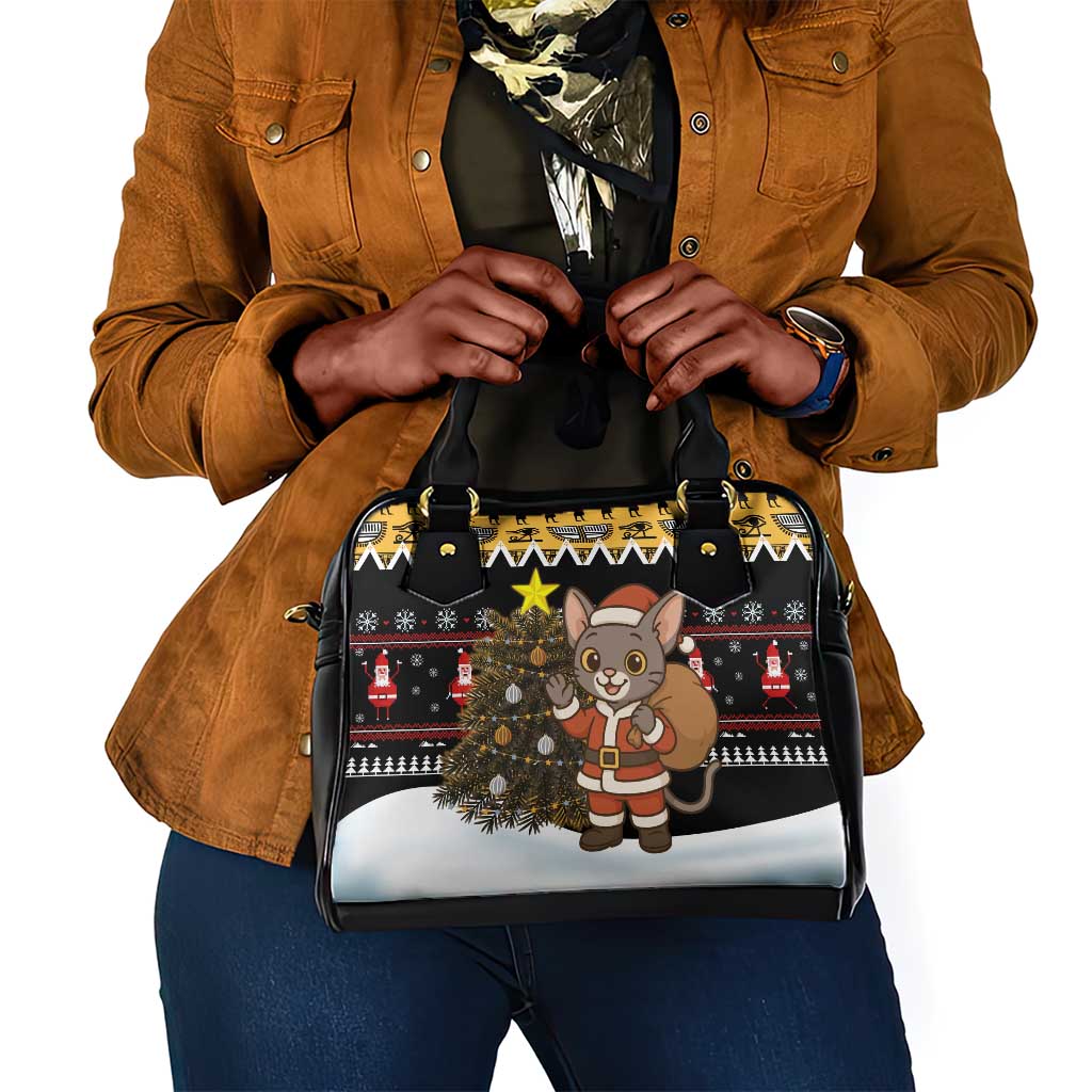 Egypt Christmas Shoulder Handbag Santa Cat Sleigh Reindeer Christmas Tree and Ancient Hieroglyphic - African Pride