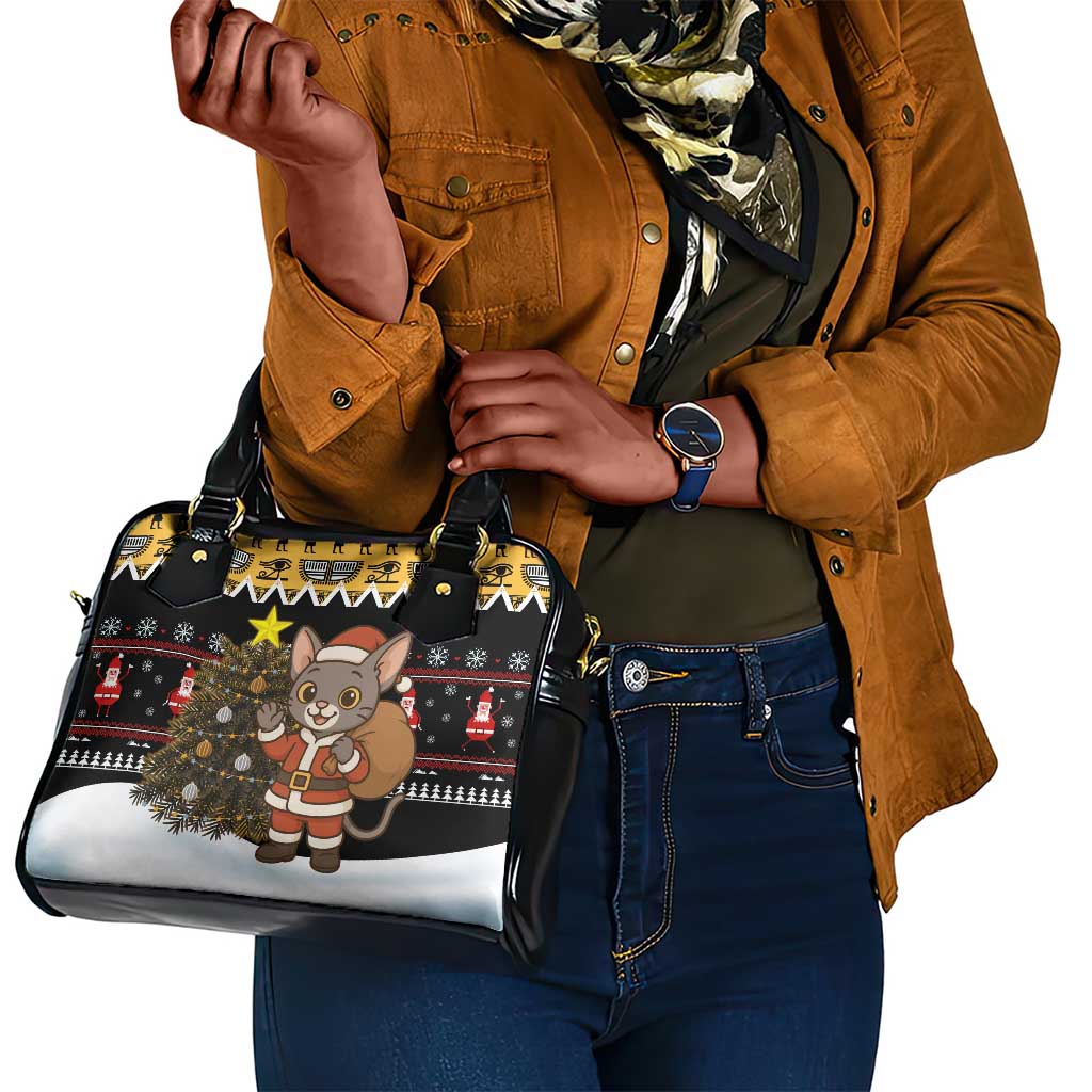 Egypt Christmas Shoulder Handbag Santa Cat Sleigh Reindeer Christmas Tree and Ancient Hieroglyphic - African Pride