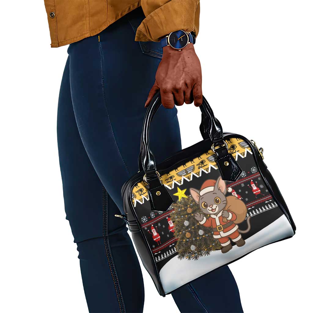 Egypt Christmas Shoulder Handbag Santa Cat Sleigh Reindeer Christmas Tree and Ancient Hieroglyphic - African Pride