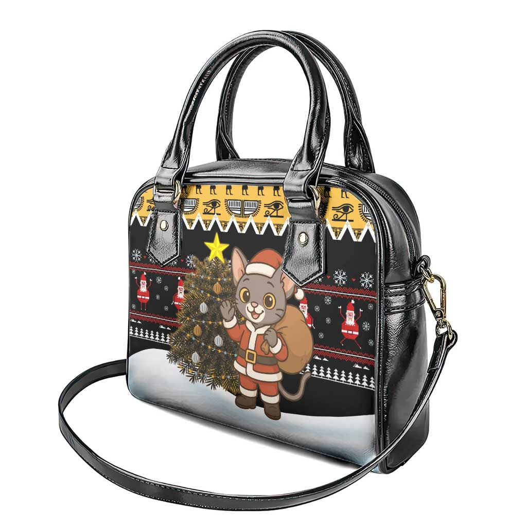 Egypt Christmas Shoulder Handbag Santa Cat Sleigh Reindeer Christmas Tree and Ancient Hieroglyphic - African Pride