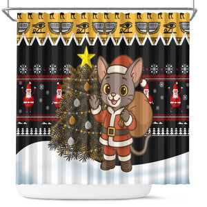 Egypt Christmas Shower Curtain Santa Cat Sleigh Reindeer Christmas Tree and Ancient Hieroglyphic - African Pride
