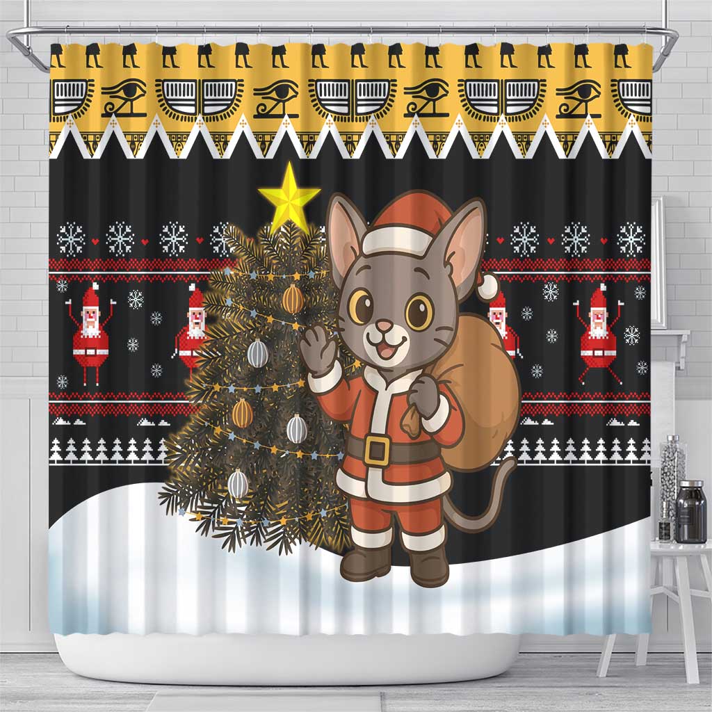 Egypt Christmas Shower Curtain Santa Cat Sleigh Reindeer Christmas Tree and Ancient Hieroglyphic - African Pride