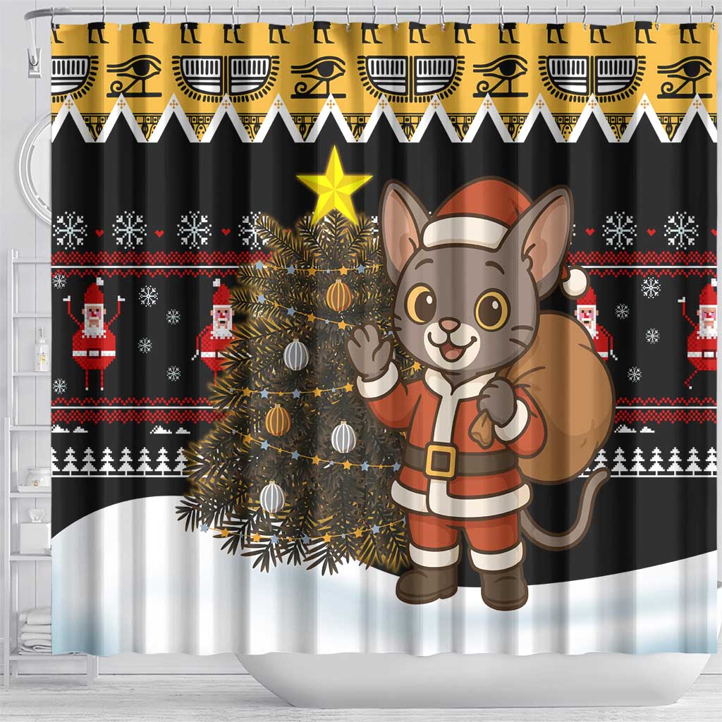 Egypt Christmas Shower Curtain Santa Cat Sleigh Reindeer Christmas Tree and Ancient Hieroglyphic - African Pride