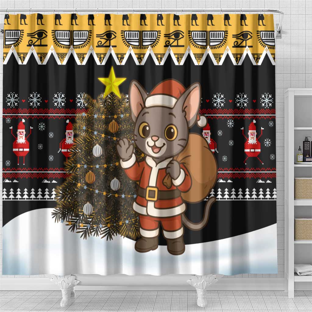 Egypt Christmas Shower Curtain Santa Cat Sleigh Reindeer Christmas Tree and Ancient Hieroglyphic - African Pride
