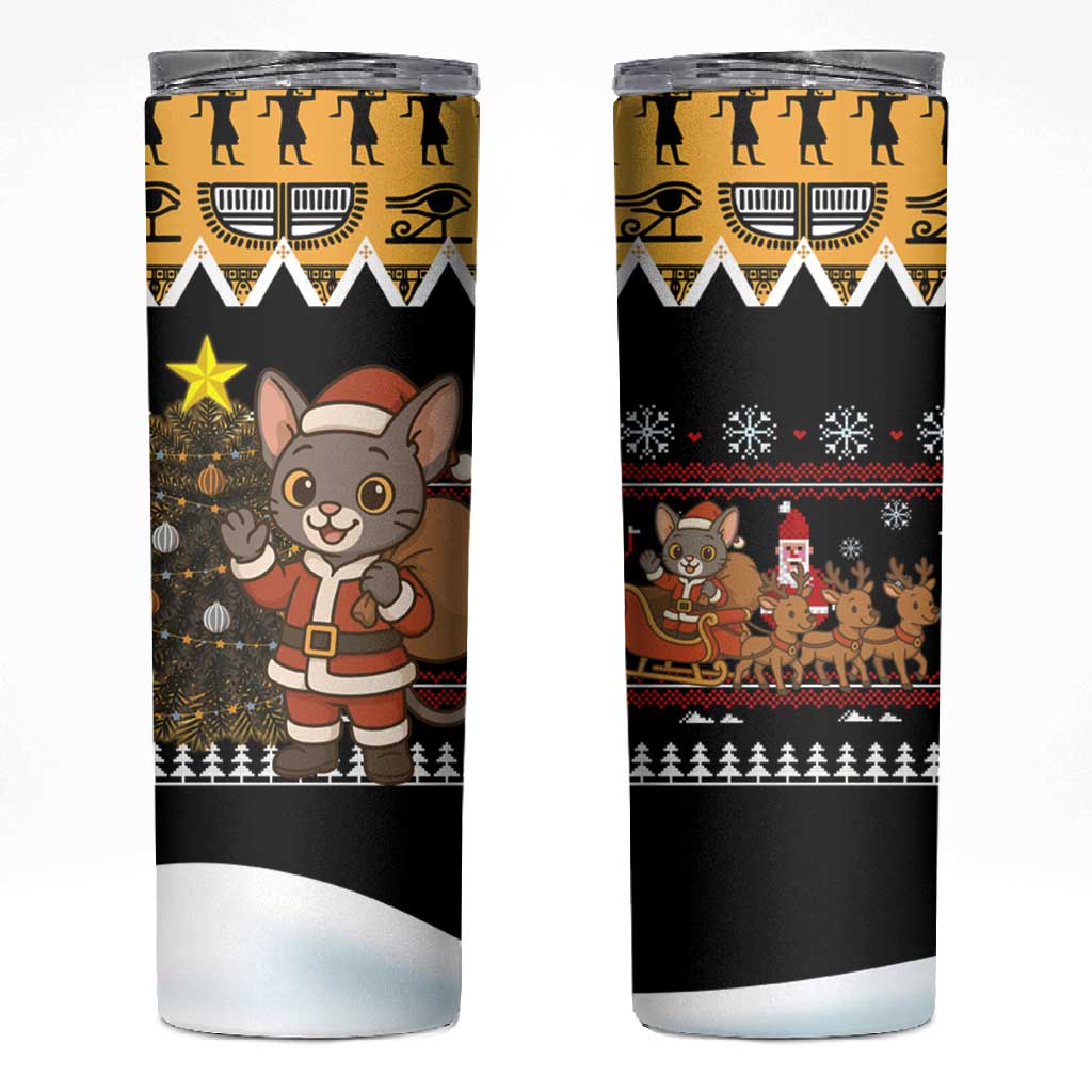 Egypt Christmas Skinny Tumbler Santa Cat Sleigh Reindeer Christmas Tree and Ancient Hieroglyphic - African Pride