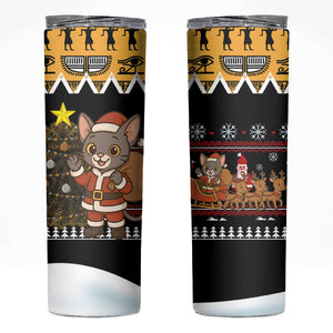 Egypt Christmas Skinny Tumbler Santa Cat Sleigh Reindeer Christmas Tree and Ancient Hieroglyphic - African Pride