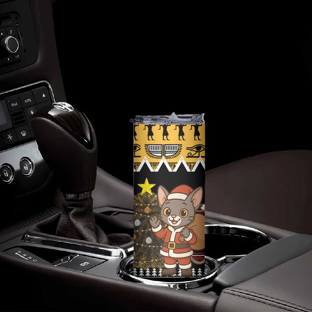 Egypt Christmas Skinny Tumbler Santa Cat Sleigh Reindeer Christmas Tree and Ancient Hieroglyphic - African Pride