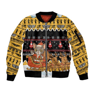 Egypt Christmas Sleeve Zip Bomber Jacket Santa Cat Sleigh Reindeer Christmas Tree and Ancient Hieroglyphic - African Pride