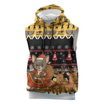 Egypt Christmas Sleeveless Hoodie Santa Cat Sleigh Reindeer Christmas Tree and Ancient Hieroglyphic - African Pride