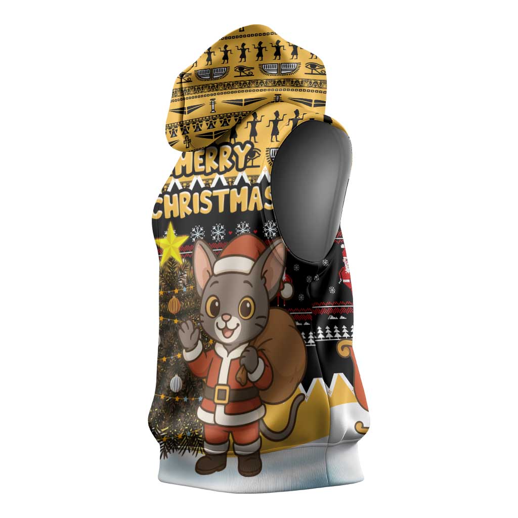 Egypt Christmas Sleeveless Hoodie Santa Cat Sleigh Reindeer Christmas Tree and Ancient Hieroglyphic - African Pride