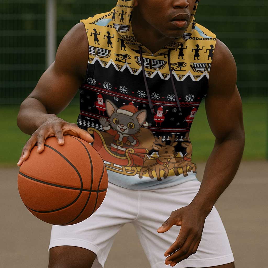 Egypt Christmas Sleeveless Hoodie Santa Cat Sleigh Reindeer Christmas Tree and Ancient Hieroglyphic - African Pride