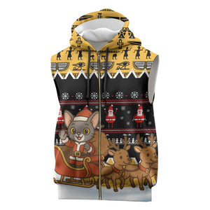 Egypt Christmas Sleeveless Zip Hoodie Santa Cat Sleigh Reindeer Christmas Tree and Ancient Hieroglyphic - African Pride