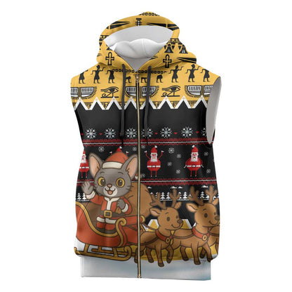 Egypt Christmas Sleeveless Zip Hoodie Santa Cat Sleigh Reindeer Christmas Tree and Ancient Hieroglyphic - African Pride
