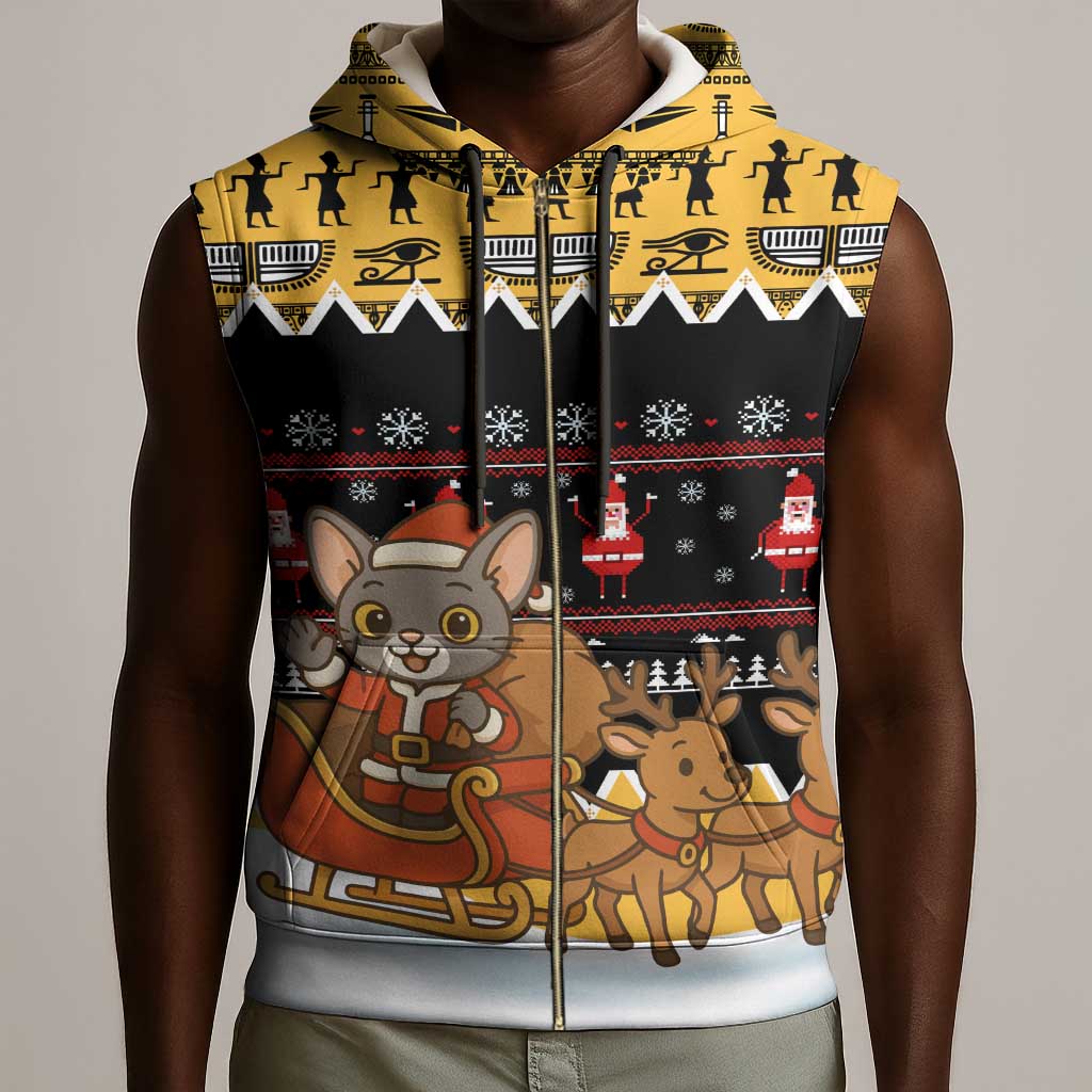 Egypt Christmas Sleeveless Zip Hoodie Santa Cat Sleigh Reindeer Christmas Tree and Ancient Hieroglyphic - African Pride