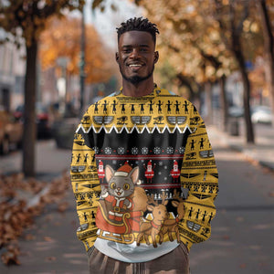 Egypt Christmas Sweatshirt Santa Cat Sleigh Reindeer Christmas Tree and Ancient Hieroglyphic - African Pride