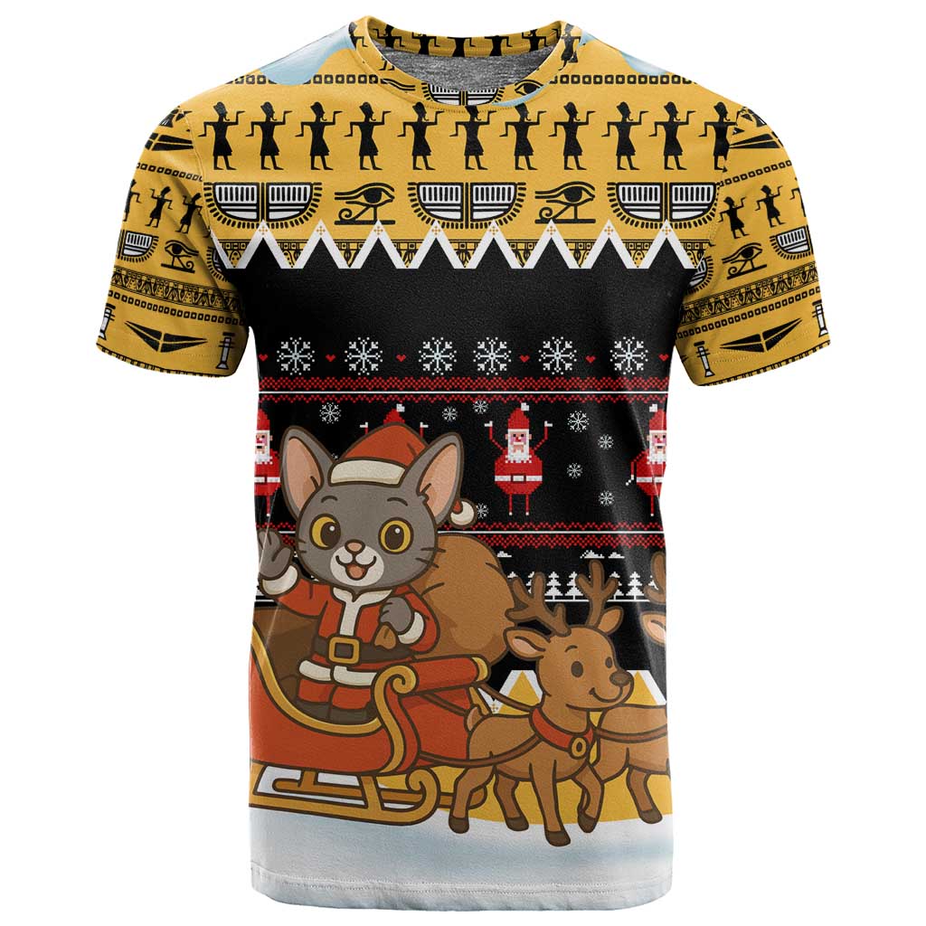 Egypt Christmas T shirt Santa Cat Sleigh Reindeer Christmas Tree and Ancient Hieroglyphic - African Pride