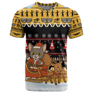 Egypt Christmas T shirt Santa Cat Sleigh Reindeer Christmas Tree and Ancient Hieroglyphic - African Pride