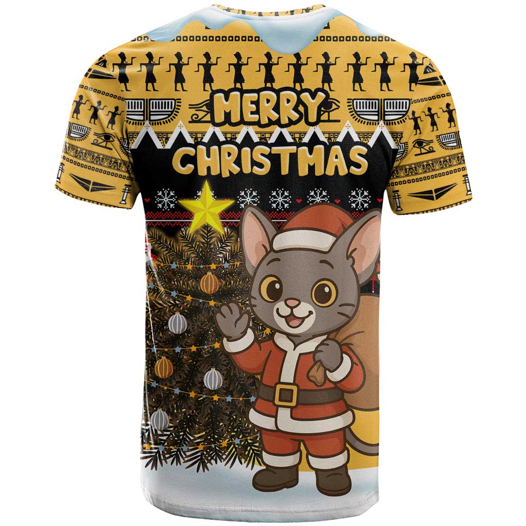 Egypt Christmas T shirt Santa Cat Sleigh Reindeer Christmas Tree and Ancient Hieroglyphic - African Pride