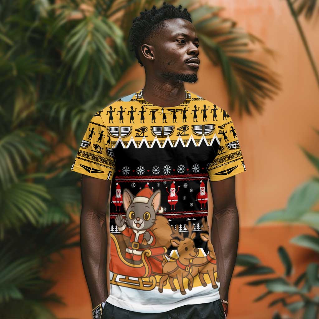 Egypt Christmas T shirt Santa Cat Sleigh Reindeer Christmas Tree and Ancient Hieroglyphic - African Pride
