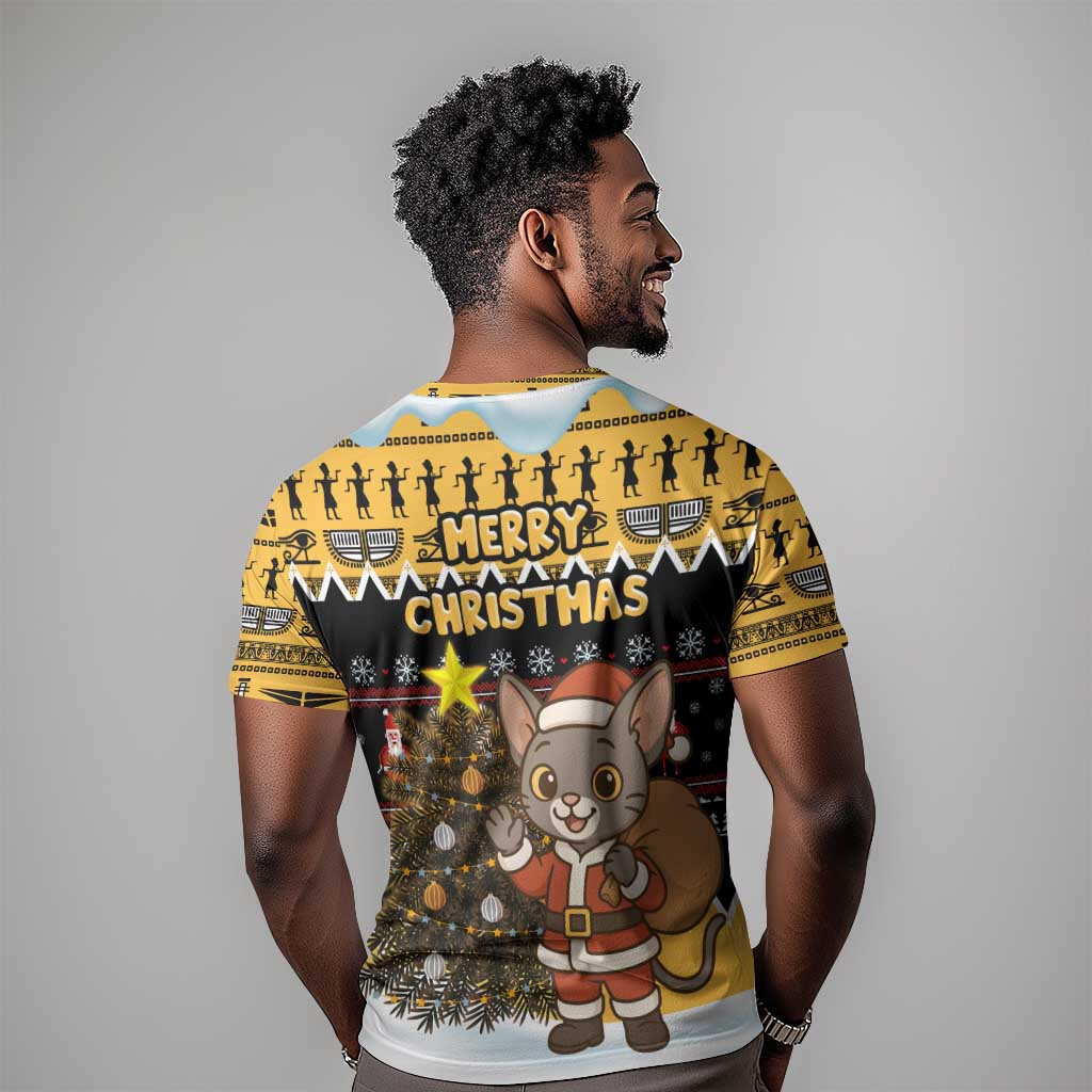 Egypt Christmas T shirt Santa Cat Sleigh Reindeer Christmas Tree and Ancient Hieroglyphic - African Pride
