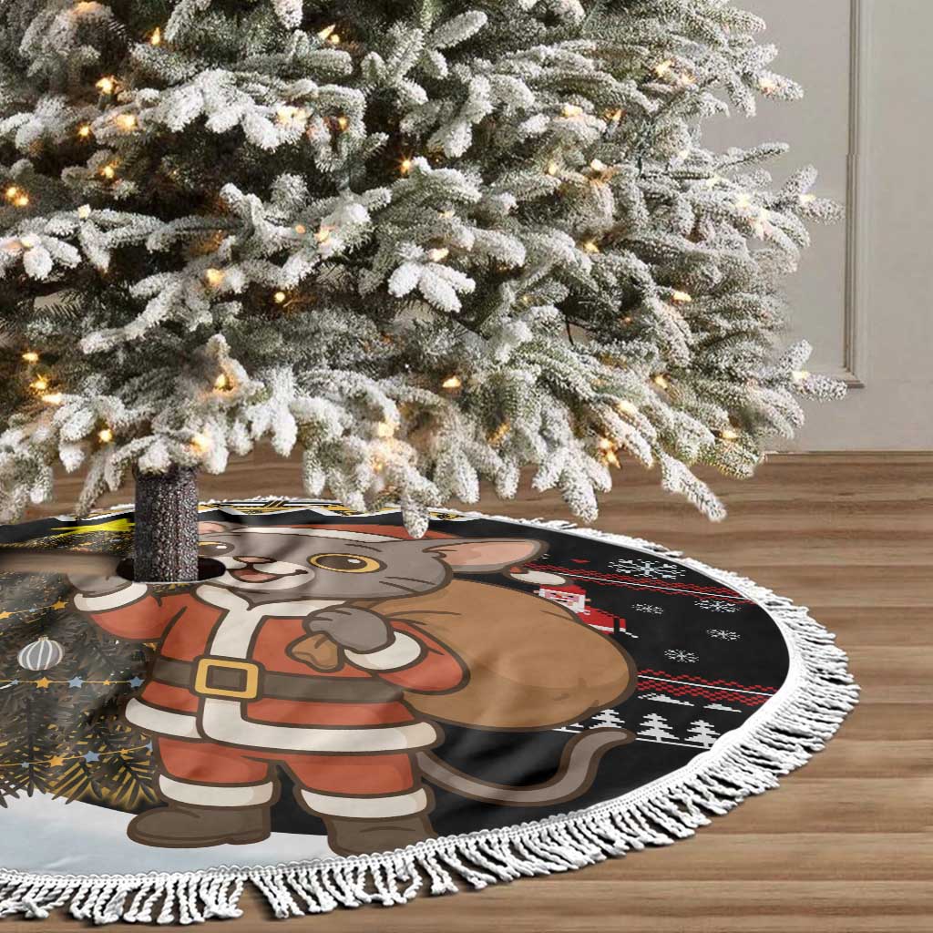 Egypt Christmas Tree Skirt Santa Cat Sleigh Reindeer Christmas Tree and Ancient Hieroglyphic - African Pride