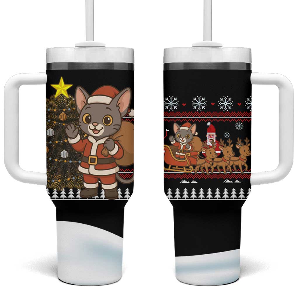 Egypt Christmas Tumbler With Handle Santa Cat Sleigh Reindeer Christmas Tree and Ancient Hieroglyphic - African Pride
