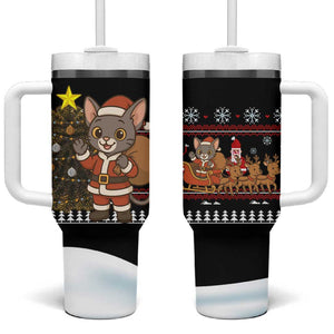 Egypt Christmas Tumbler With Handle Santa Cat Sleigh Reindeer Christmas Tree and Ancient Hieroglyphic - African Pride