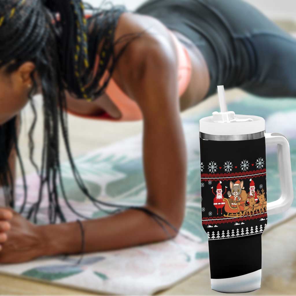 Egypt Christmas Tumbler With Handle Santa Cat Sleigh Reindeer Christmas Tree and Ancient Hieroglyphic - African Pride