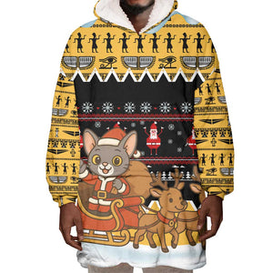 Egypt Christmas Wearable Blanket Hoodie Santa Cat Sleigh Reindeer Christmas Tree and Ancient Hieroglyphic - African Pride
