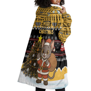 Egypt Christmas Wearable Blanket Hoodie Santa Cat Sleigh Reindeer Christmas Tree and Ancient Hieroglyphic - African Pride