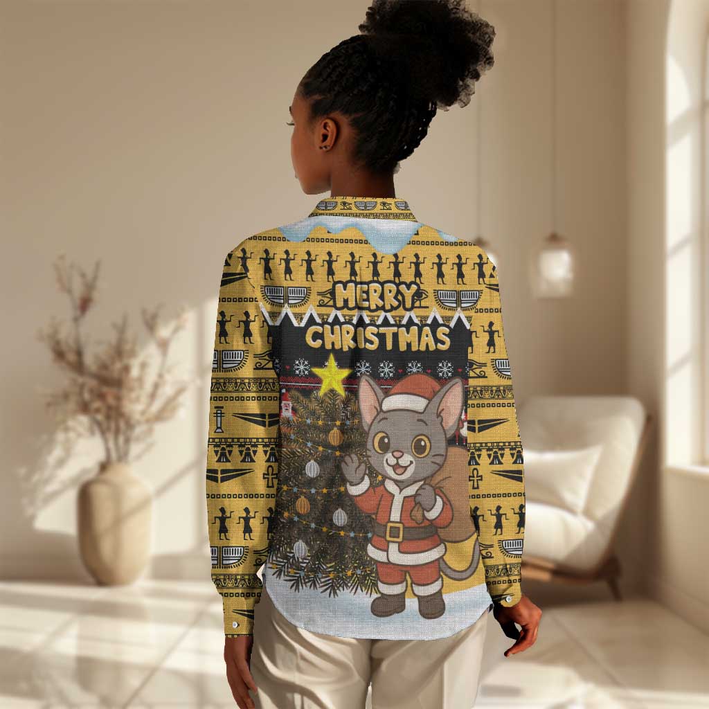 Egypt Christmas Women Casual Shirt Santa Cat Sleigh Reindeer Christmas Tree and Ancient Hieroglyphic - African Pride
