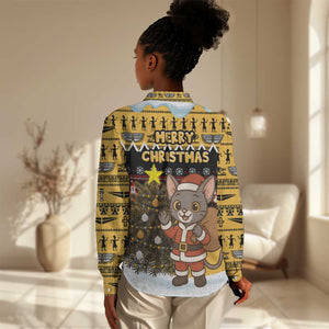 Egypt Christmas Women Casual Shirt Santa Cat Sleigh Reindeer Christmas Tree and Ancient Hieroglyphic - African Pride
