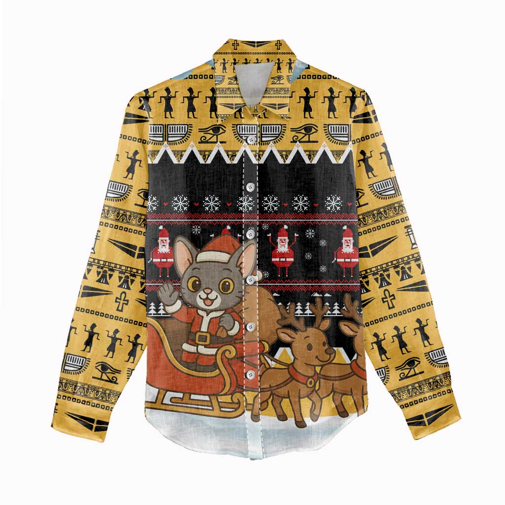 Egypt Christmas Women Casual Shirt Santa Cat Sleigh Reindeer Christmas Tree and Ancient Hieroglyphic - African Pride