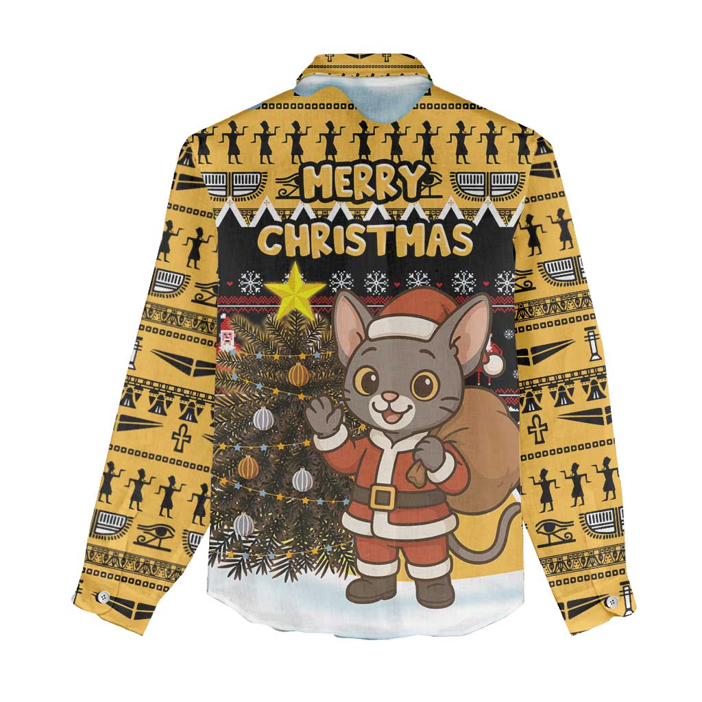 Egypt Christmas Women Casual Shirt Santa Cat Sleigh Reindeer Christmas Tree and Ancient Hieroglyphic - African Pride