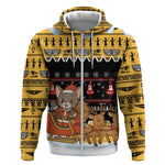 Egypt Christmas Zip Hoodie Santa Cat Sleigh Reindeer Christmas Tree and Ancient Hieroglyphic - African Pride