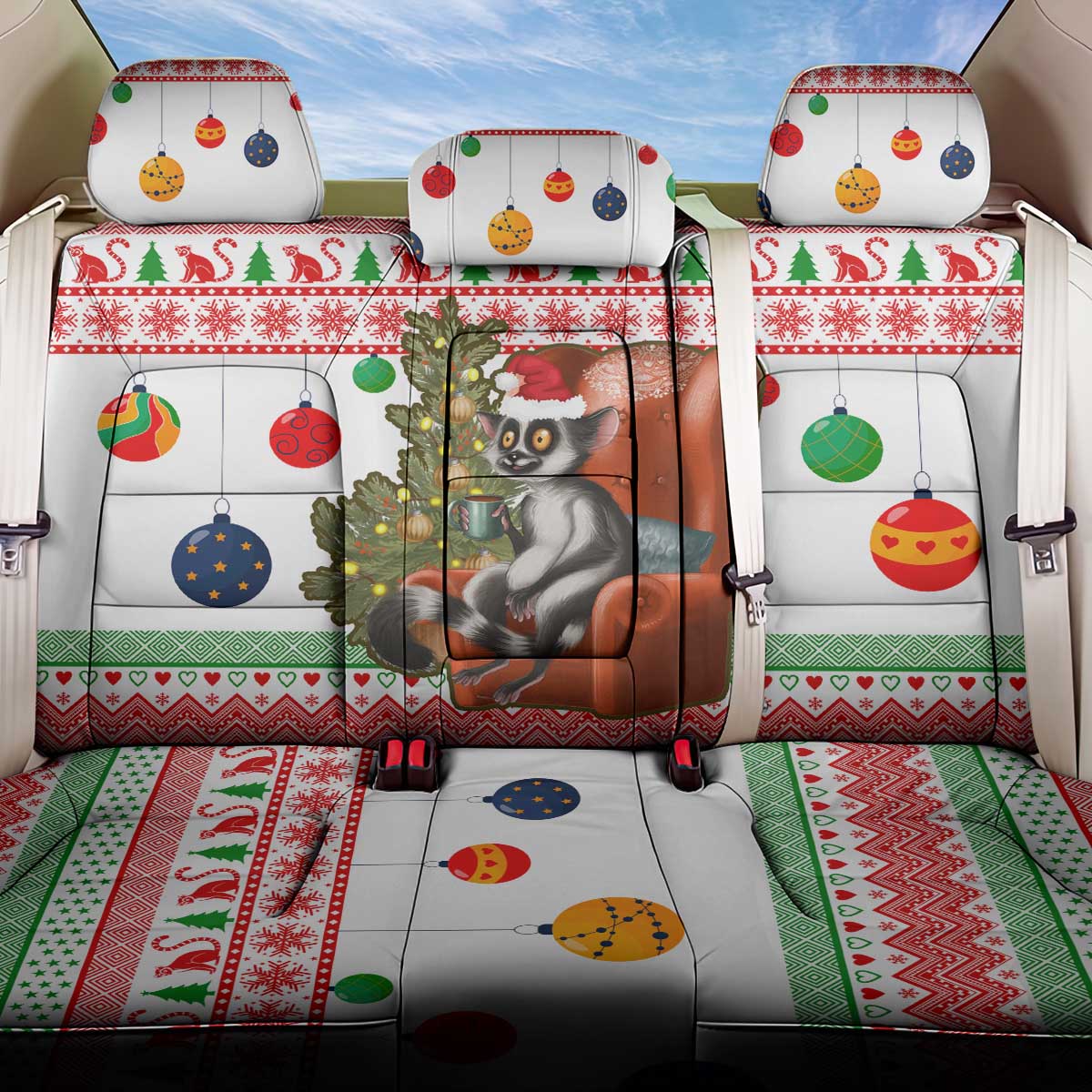 Madagascar Christmas Back Car Seat Cover Lemur Santa Hat Holiday Tree - African Pride