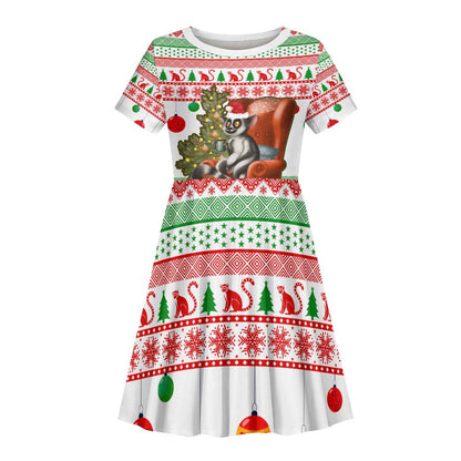 Madagascar Christmas Kid Short Sleeve Dress Lemur Santa Hat Holiday Tree - African Pride