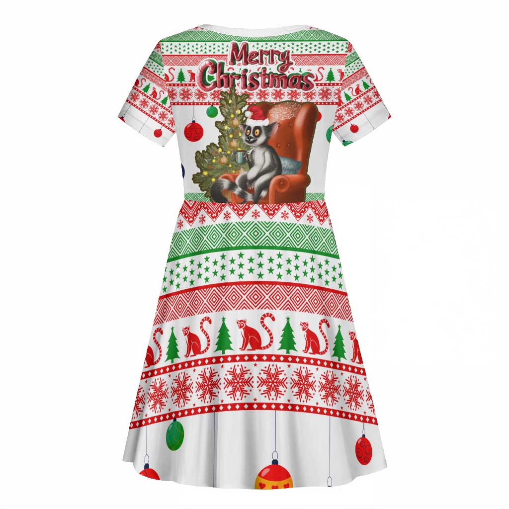 Madagascar Christmas Kid Short Sleeve Dress Lemur Santa Hat Holiday Tree - African Pride