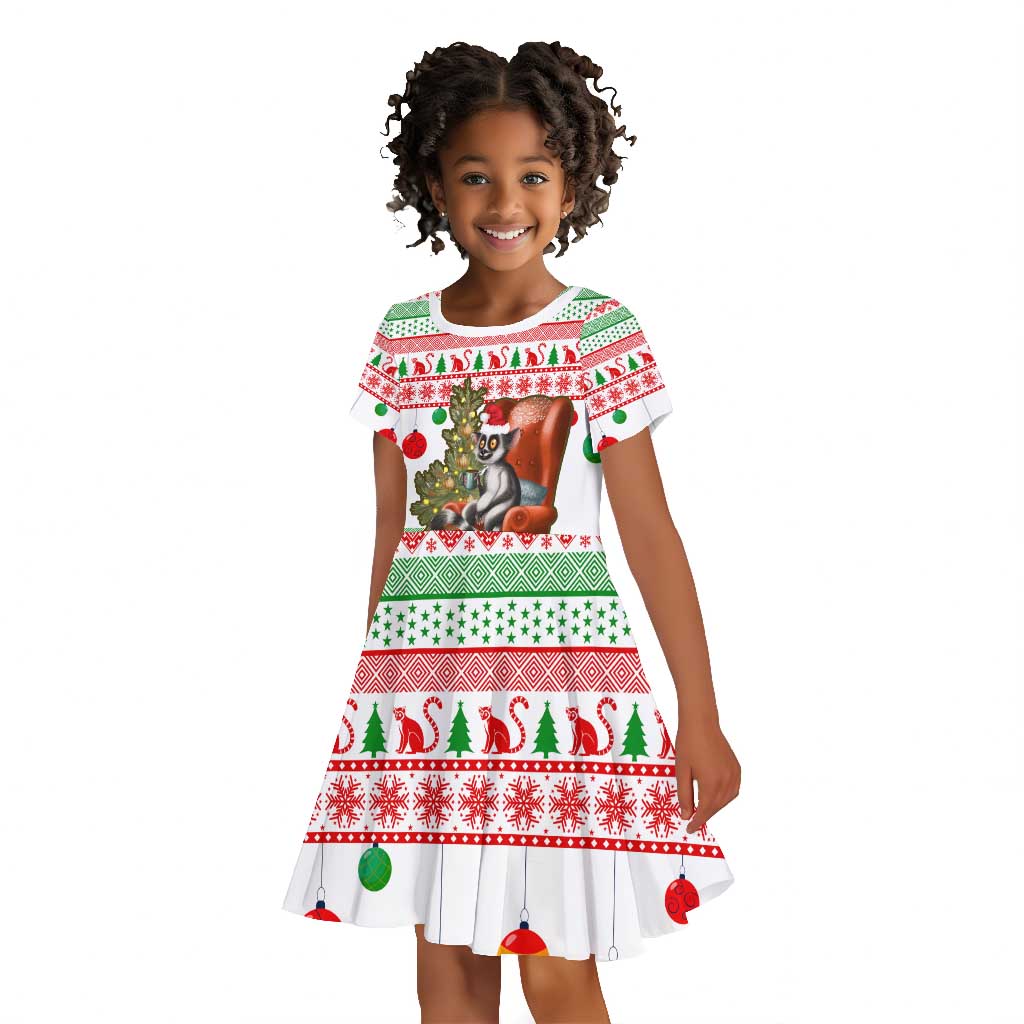 Madagascar Christmas Kid Short Sleeve Dress Lemur Santa Hat Holiday Tree - African Pride