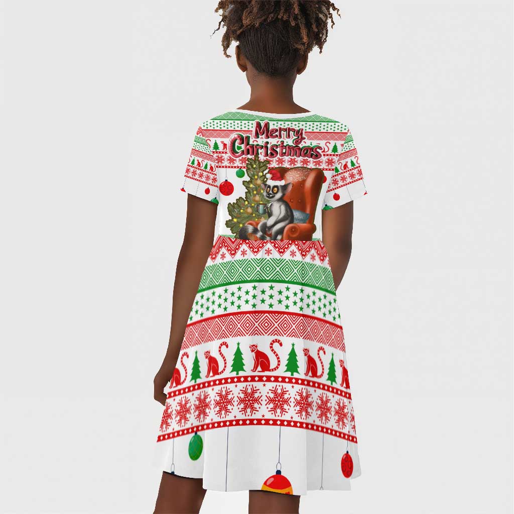 Madagascar Christmas Kid Short Sleeve Dress Lemur Santa Hat Holiday Tree - African Pride