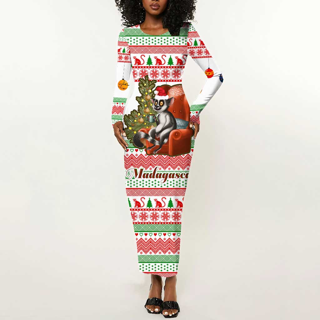 Madagascar Christmas Long Sleeve Bodycon Dress Lemur Santa Hat Holiday Tree - African Pride