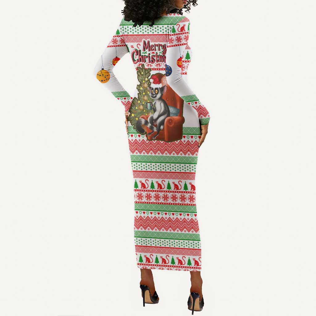 Madagascar Christmas Long Sleeve Bodycon Dress Lemur Santa Hat Holiday Tree - African Pride