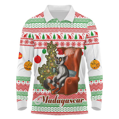 Madagascar Christmas Long Sleeve Polo Shirt Lemur Santa Hat Holiday Tree - African Pride