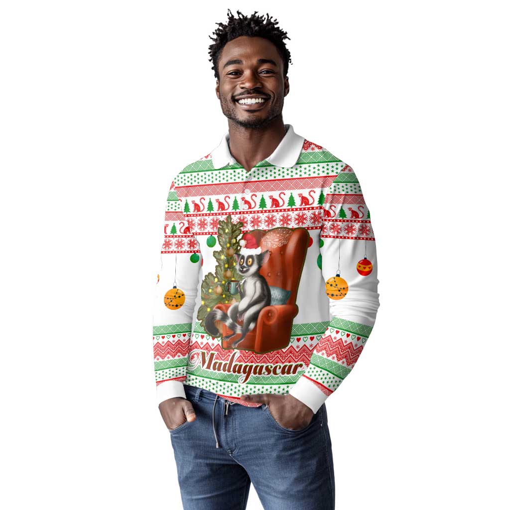 Madagascar Christmas Long Sleeve Polo Shirt Lemur Santa Hat Holiday Tree - African Pride