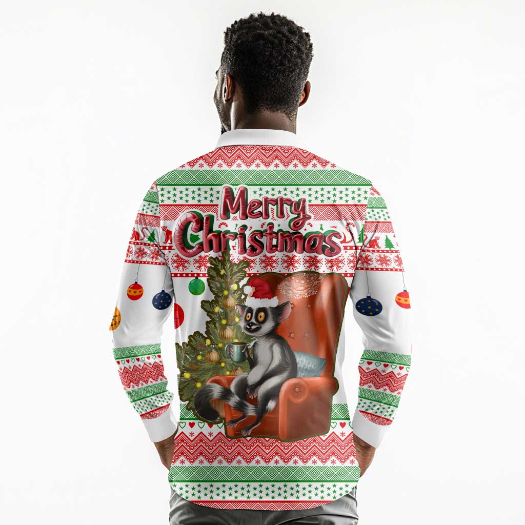 Madagascar Christmas Long Sleeve Polo Shirt Lemur Santa Hat Holiday Tree - African Pride
