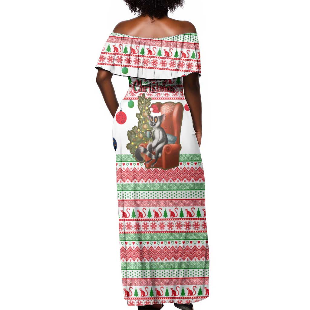 Madagascar Christmas Off Shoulder Maxi Dress Lemur Santa Hat Holiday Tree - African Pride