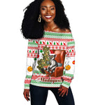 Madagascar Christmas Off Shoulder Sweater Lemur Santa Hat Holiday Tree - African Pride