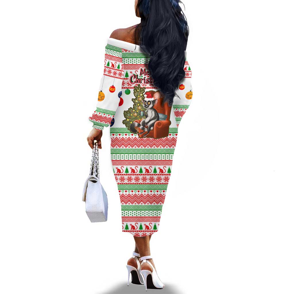 Madagascar Christmas Off The Shoulder Long Sleeve Dress Lemur Santa Hat Holiday Tree - African Pride