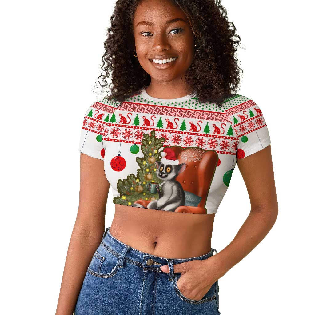 Madagascar Christmas Raglan Cropped T shirt Lemur Santa Hat Holiday Tree - African Pride